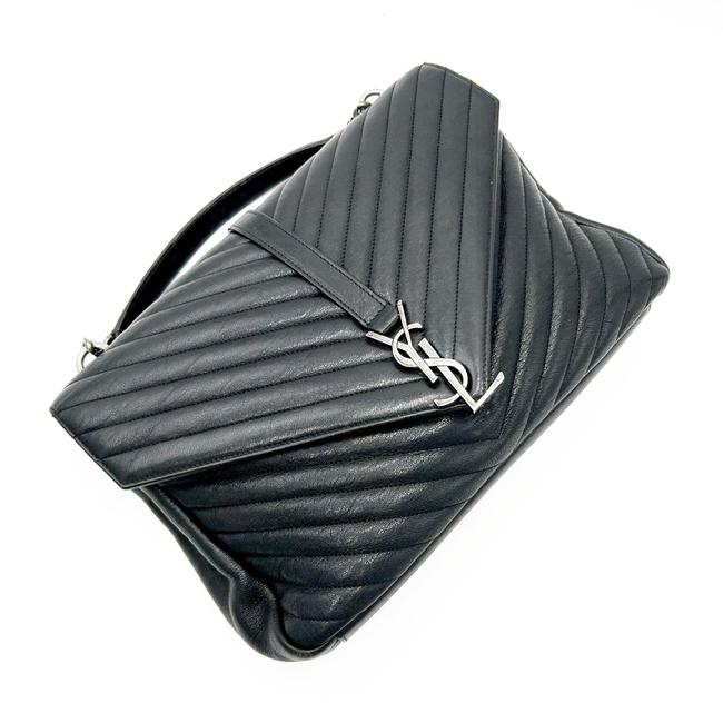 Saint Laurent Shw Matelasse Chevron Monogram Large College Satchel Black Sheepskin Leather Shoulder Bag - image 6