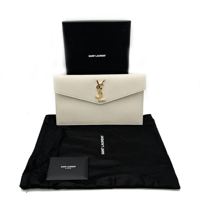 Saint Laurent Uptown Off-white Textured Leather White Canvas Clutch - photo 3
