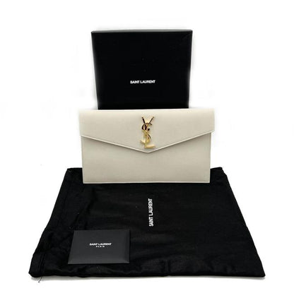 Saint Laurent Uptown Off-white Textured Leather White Canvas Clutch - photo 3