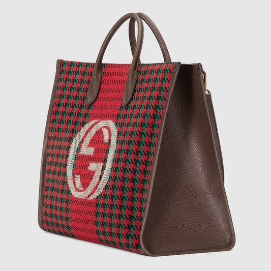 Houndstooth and Stripe Tote with Interlocking G Red and Green - image 2